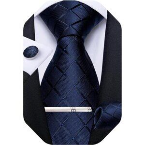 Plaid Ties for Men Silk Checkered Necktie & Pocket Square Cufflinks Tie Clip Set
